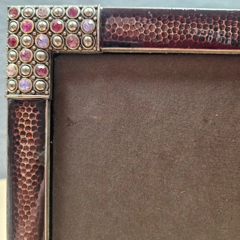 Vintage Jeweled Photo Frame 4x6 Hammered Copper Texture Swarovski Crystal Accent